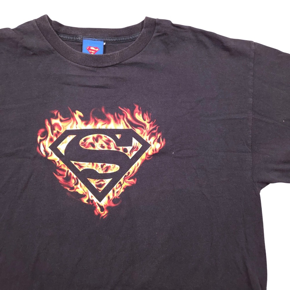 VTG Y2K Flaming Superman Graphic Short Sleeve T-Shirt DC Comics Black Mens XL‎